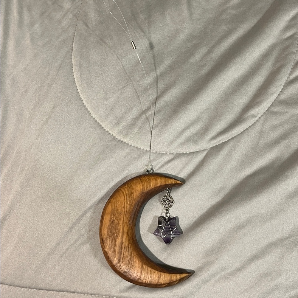 Wooden Crescent Moon Wall Hanging with Crystal